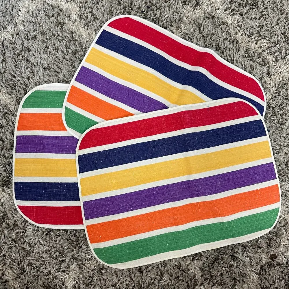 Striped Placemats Round Corners Set of 3 Rainbow Green Striped Picnic Retro